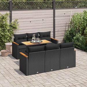 7 részes fekete polyrattan akácfa kerti ülőgarnitúra párnával