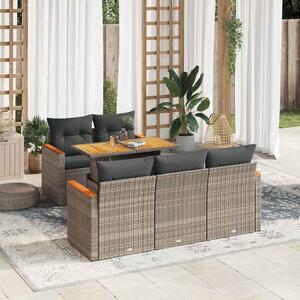 6 részes szürke polyrattan akácfa kerti ülőgarnitúra párnákkal