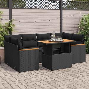 6 részes fekete polyrattan akácfa kerti ülőgarnitúra párnákkal