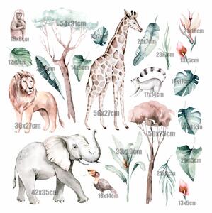 Falmatrica szavannai állatok kompozíció maki zsiráf elefánt oroszlán pálma fa szafari téma