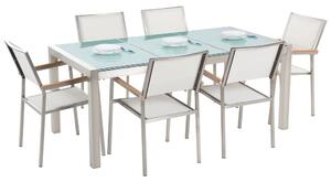 Hatszemélyes étkezőasztal repedezett osztott üveglappal és fehér textilén székekkel GROSSETO