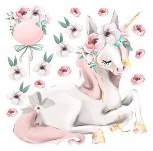 Falmatrica fehér fekvő unikornis rózsaszín virágokkal