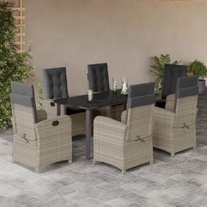 7 részes világosszürke polyrattan kerti étkezőszett párnával