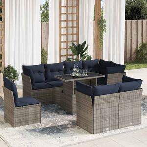 9 részes szürke polyrattan akácfa kerti ülőgarnitúra párnákkal