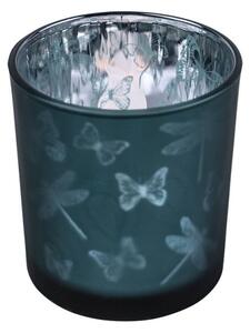 Üveg teamécses tartó, lepke és szitakötő sziluettel, petrol kék, 8 cm