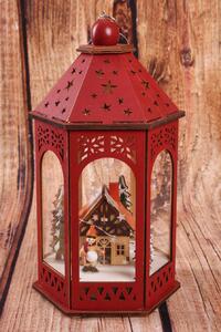 Fa lámpás - Karácsonyi falu LED világítással - piros 3. (16x14x29cm)