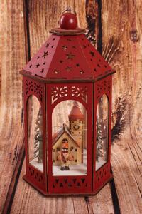 Fa lámpás - Karácsonyi falu LED világítással - piros 2. (16x14x29cm)