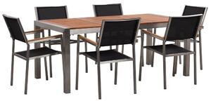 Hatszemélyes étkezőasztal eukaliptusz asztallappal és fekete textilén székekkel GROSSETO