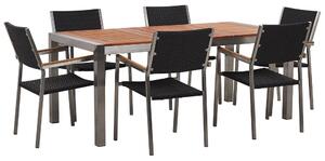 Hatszemélyes étkezőasztal eukaliptusz asztallappal és fekete rattanszékekkel GROSSETO