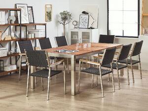 Nyolcszemélyes étkezőasztal eukaliptusz asztallappal és fekete rattanszékekkel GROSSETO