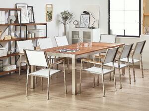Nyolcszemélyes étkezőasztal eukaliptusz asztallappal és fehér textilén székekkel GROSSETO