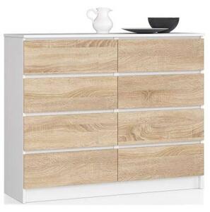 Akord 120 cm-es 8 fiókos Komód, fehér/dió Sonoma, laminált, CLP rendszerű, önállóan összeszerelhető, ABS élzárás, modern álló szekrény
