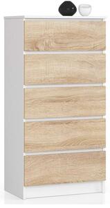 Akord - K60 5 Fiókos Komód, Fehér/Diófa Sonoma, 121x60x40 cm, Laminált Lemez, ABS Élzárás