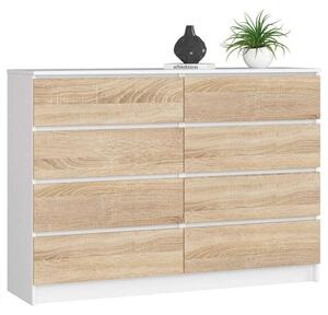Akord - CLP Rendszerű 8 Fiókos Komód, Fehér és Sonoma Tölgy, 138 cm Széles, Modern Laminált Felület, Összeszerelhető Bútor