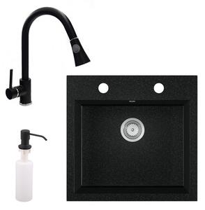 Gránit mosogató EOS Como + Kihúzható zuhanyfejes Snake csaptelep + adagoló + szifon (fekete)