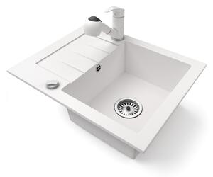 Gránit mosogatótálca NERO Monza + kihúzható zuhanyfejes Shower csaptelep + dugókiemelő (fehér)