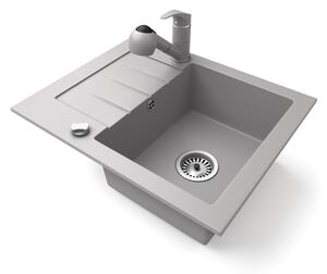 Gránit mosogatótálca NERO Monza + kihúzható zuhanyfejes Shower csaptelep + dugókiemelő (szürke)