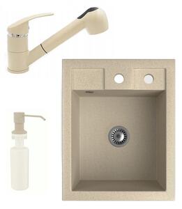 Gránit Mosogató NERO Parma + kihúzható zuhanyfejes Shower csaptelep + adagoló + szifon (bézs)