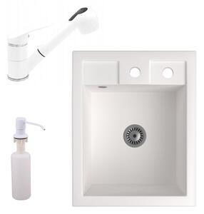 Gránit Mosogató NERO Parma + kihúzható zuhanyfejes Shower csaptelep + adagoló + szifon (fehér)
