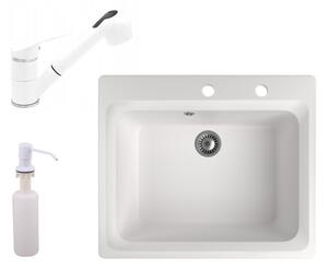 Gránit mosogató NERO Italia + kihúzható Shower csaptelep + adagoló (fehér)