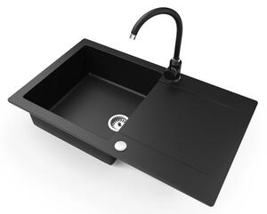 Gránit mosogató NERO Gold + kihúzható zuhanyfejes Snake csaptelep + dugókiemelő (fekete)