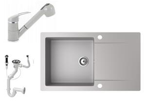 Gránit mosogató NERO Gold + kihúzható zuhanyfejes Shower csaptelep + dugókiemelő (szürke)