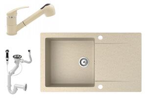 Gránit mosogató NERO Gold + kihúzható zuhanyfejes Shower csaptelep + dugókiemelő (bézs)