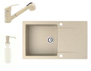 Gránit mosogató NERO Gold + kihúzható zuhanyfejes Shower csaptelep + adagoló (bézs)