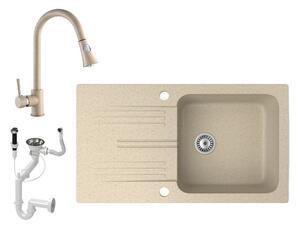 Gránit mosogató NERO Malta + kihúzható zuhanyfejes Snake csaptelep + dugókiemelő (bézs)
