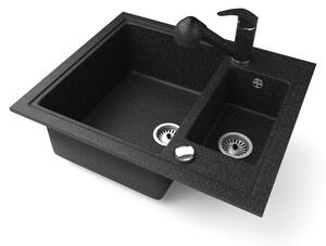 Gránit mosogató NERO Arriva + kihúzható zuhanyfejes Shower csaptelep + dugókiemelő (fekete)