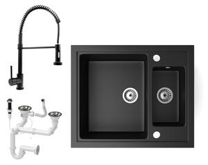 Gránit mosogató NERO Arriva + kihúzható zuhanyfejes Loop-Spiral csaptelep + adagoló + dugókiemelő (matt fekete)