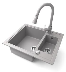 Gránit mosogató NERO Arriva + kihúzható zuhanyfejes Snake csaptelep + dugókiemelő (szürke)