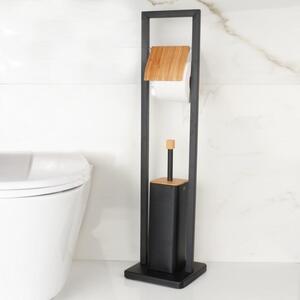 YOKA Home wc kefe állvány wc papír tartóval - fekete / bambusz (szögletes)