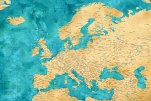 Térkép Detailed map of Europe in gold and teal watercolor, Blursbyai