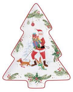 Karácsonyi mintás porcelán fenyőfa alakú tálca - Joyful Santa
