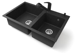 Gránit mosogatótálca NERO Palazzo + kihúzható zuhanyfejes Shower csaptelep + adagoló (fekete)