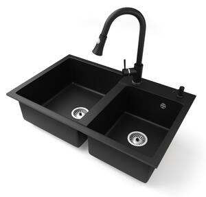 Gránit mosogatótálca NERO Palazzo + kihúzható zuhanyfejes Snake csaptelep + adagoló (matt fekete)