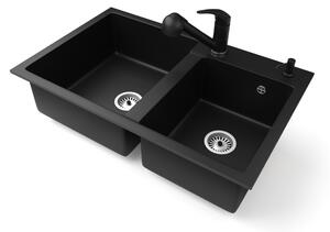 Gránit mosogatótálca NERO Palazzo + kihúzható zuhanyfejes Shower csaptelep + adagoló (matt fekete)