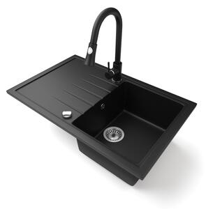Gránit mosogató NERO Eris + kihúzható zuhanyfejes Snake csaptelep + dugókiemelő (matt fekete)