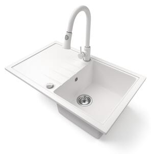 Gránit mosogató NERO Eris + kihúzható zuhanyfejes Snake csaptelep + dugókiemelő (fehér)