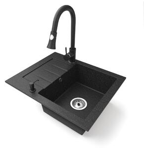 Gránit mosogatótálca NERO Monza + kihúzható zuhanyfejes Snake csaptelep + adagoló (fekete)