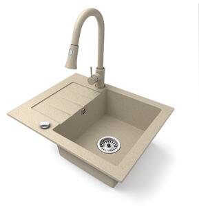 Gránit mosogatótálca NERO Monza + kihúzható zuhanyfejes Snake csaptelep + dugókiemelő (bézs)
