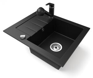 Gránit mosogatótálca NERO Monza + kihúzható zuhanyfejes Shower csaptelep + dugókiemelő (matt fekete)