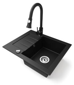 Gránit mosogatótálca NERO Monza + kihúzható zuhanyfejes Snake csaptelep + dugókiemelő (matt fekete)