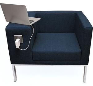 MOK minimal stílusú krómozott fémvázas lobby fotel kárpitozott kivitelben, USB porttal és konnektorral