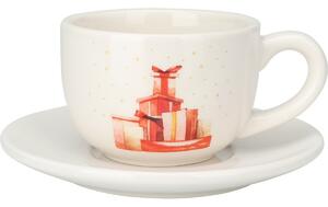 Piros ajándék karácsonyi porcelán csésze csészealjjal, 250 ml