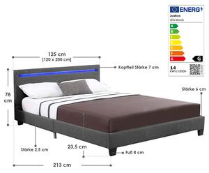 Kárpitozott ágy Verona 120 x 200 cm LED világítással sötétszürke színben