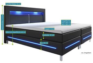 Rugós ágy Norfolk 180 x 200 cm fekete - LED sávokkal és rugós matraccal
