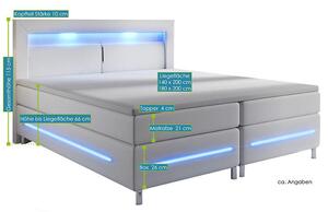 Rugós ágy Norfolk 180 x 200 cm fehér - LED sávokkal és rugós matraccal