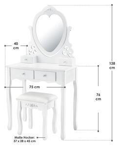 Fehér színű "Julia" fésülködő asztal szív alakú tükörrel, taburettszékkel